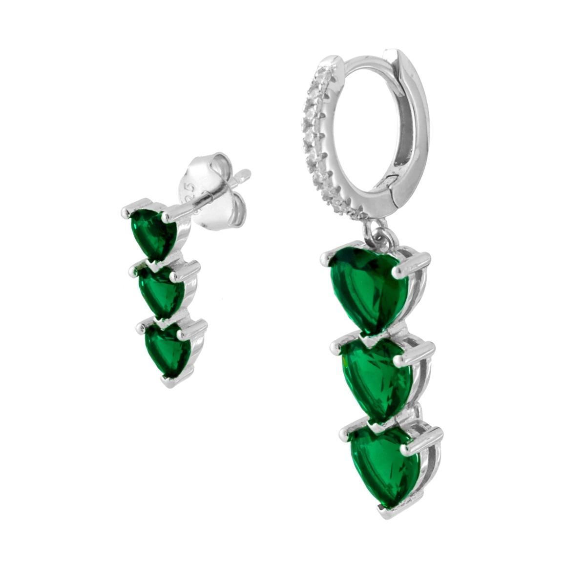 Orecchini Asimmetrici Cerchio scattino con Trilogy Cuori Cubic Zirconia Verde Smeraldo in ARGENTO 925 Galvanica Rodio