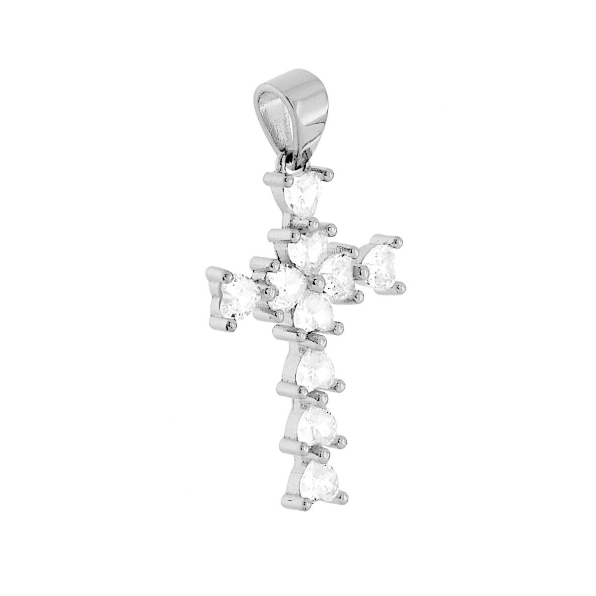 Ciondolo Croce con Cuori Cubic Zirconia Bianchi in ARGENTO 925 Galvanica Rodio