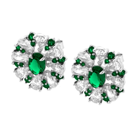 Orecchini Fiore Ovale con Cubic Zirconia Verde Smeraldo e Bianchi in ARGENTO 925 Galvanica Rodio