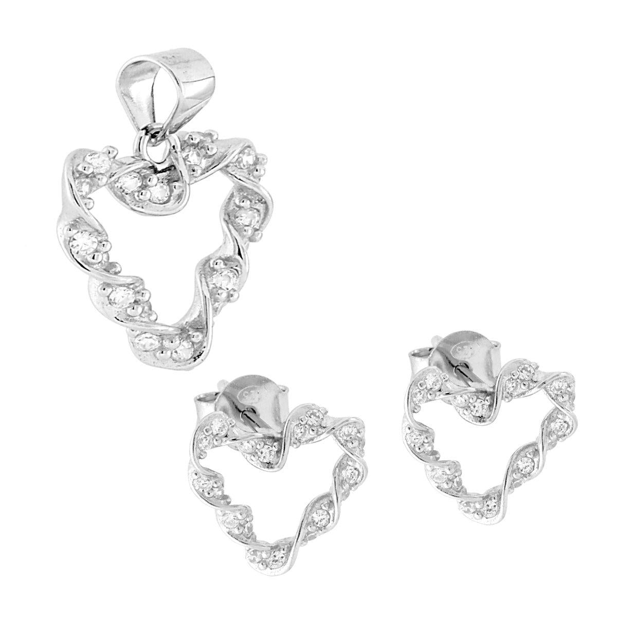 Parure Set Orecchini e Ciondolo Cuore ritorto con Cubic Zirconia Bianchi in ARGENTO 925 Galvanica Rodio