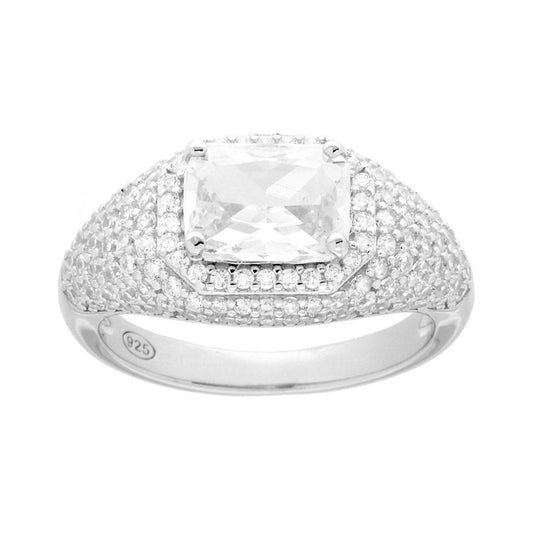 Anello Chevalier Rettangolo Bianco contornato da Cubic Zirconia Bianchi in ARGENTO 925 Galvanica Rodio