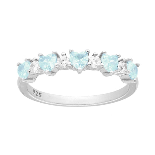 Anello Veretta Cuori Cubic Zirconia Acquamarina alternati a Tondi Bianchi in ARGENTO 925 Galvanica Rodio