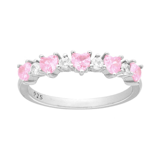 Anello Veretta Cuori Cubic Zirconia Rosa alternati a Tondi Bianchi in ARGENTO 925 Galvanica Rodio