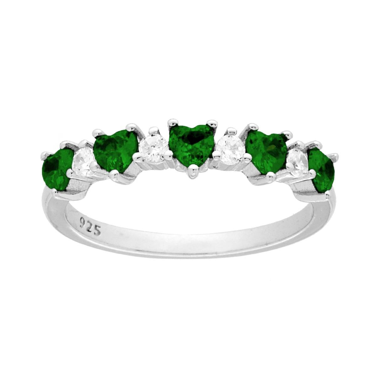 Anello Veretta Cuori Cubic Zirconia Verde Smeraldo alternati a Tondi Bianchi in ARGENTO 925 Galvanica Rodio