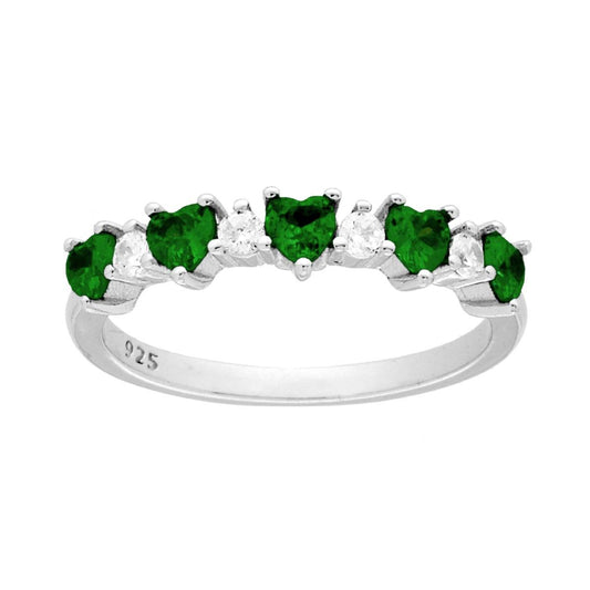 Anello Veretta Cuori Cubic Zirconia Verde Smeraldo alternati a Tondi Bianchi in ARGENTO 925 Galvanica Rodio