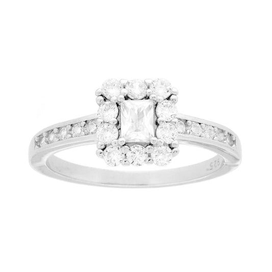 Anello Solitario con Cubic Zirconia Bianco Rettangolare in ARGENTO 925 Galvanica Rodio<BR>