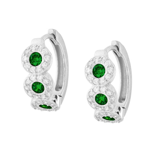 Orecchini Cerchio Trilogy Verde Smeraldo contornati da Cubic Zirconia Bianchi in ARGENTO 925 Galvanica Rodio