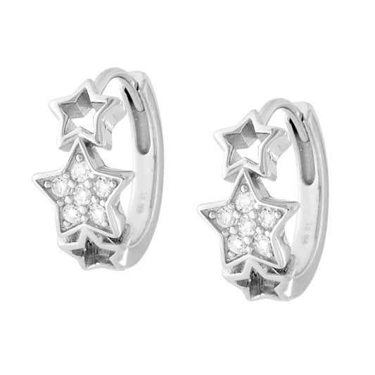 Orecchini Cerchio Stelle con Cubic Zirconia Bianchi in ARGENTO 925 Galvanica Rodio