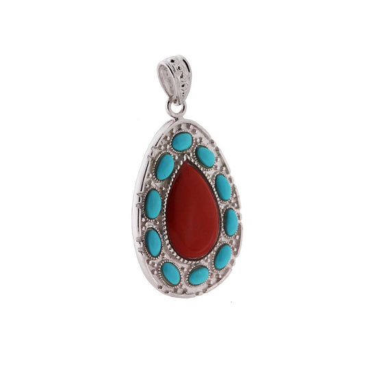 Ciondolo Etnico Goccia con Pietre Naturali Turchese Corallo in ARGENTO 925