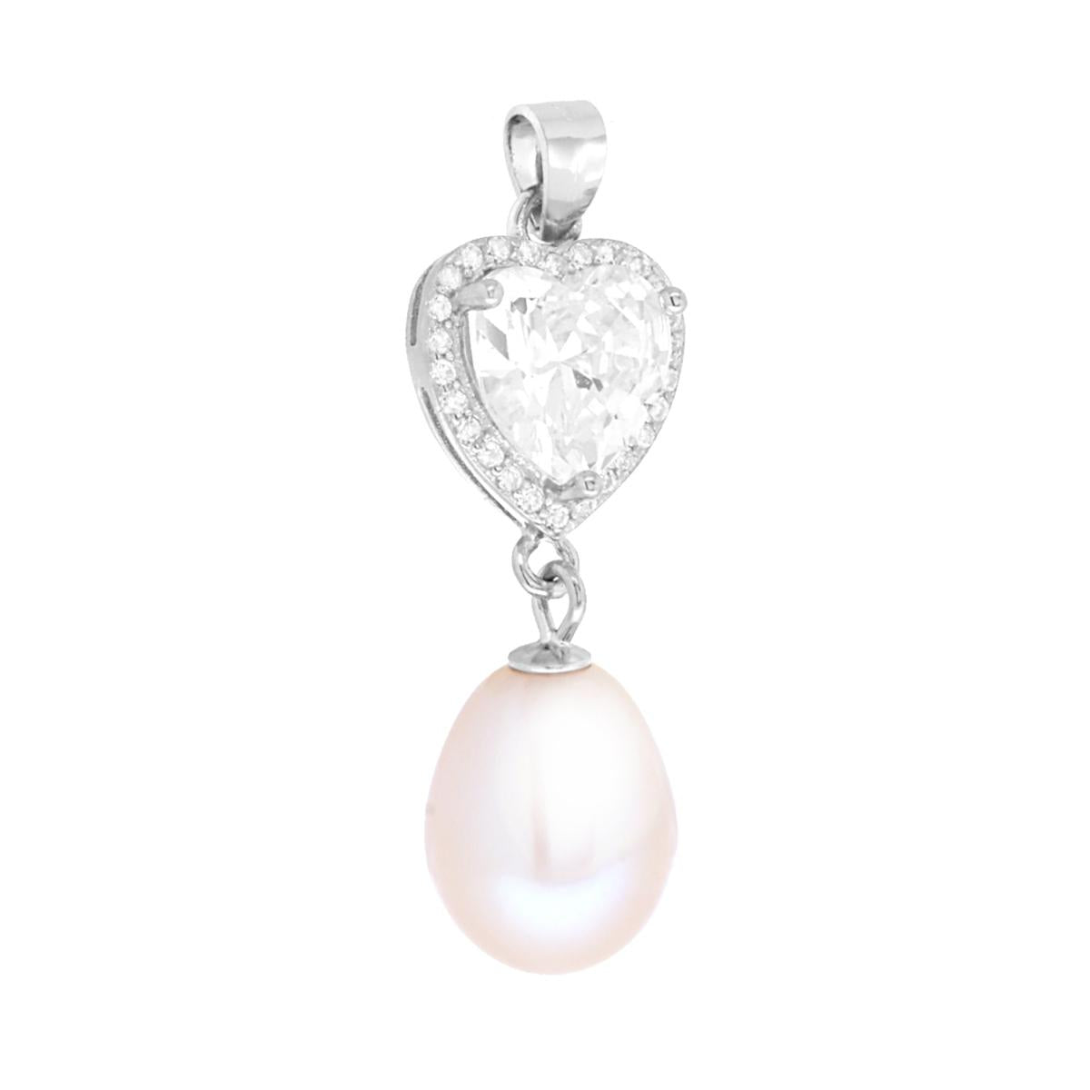 Ciondolo Cuore Bianco contornato da Cubic Zirconia Bianchi e Perla di Fiume pendente in ARGENTO 925 Galvanica Rodio