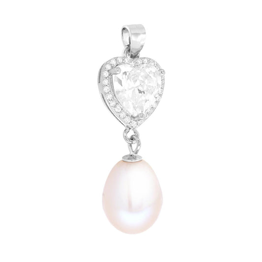 Ciondolo Cuore Bianco contornato da Cubic Zirconia Bianchi e Perla di Fiume pendente in ARGENTO 925 Galvanica Rodio