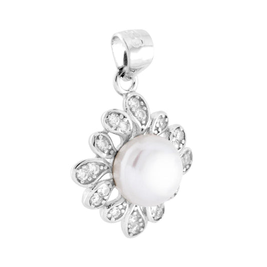 Ciondolo con Perla di Fiume e contornata da Petali di Cubic Zirconia Bianchi in ARGENTO 925 Galvanica Rodio