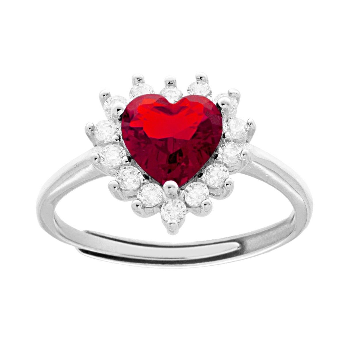 Anello Solitario Cuore Cubic Zirconi Rosso Rubino contornato da Cubic Zirconia Bianchi in ARGENTO 925 Galvanica Rodio