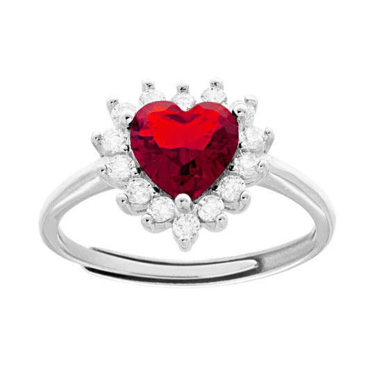 Anello Solitario Cuore Cubic Zirconi Rosso Rubino contornato da Cubic Zirconia Bianchi in ARGENTO 925 Galvanica Rodio