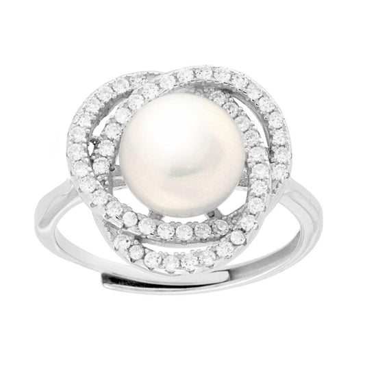 Anello Perla di Fiume con Cubic Zirconia Bianchi in ARGENTO 925 Galvanica Rodio