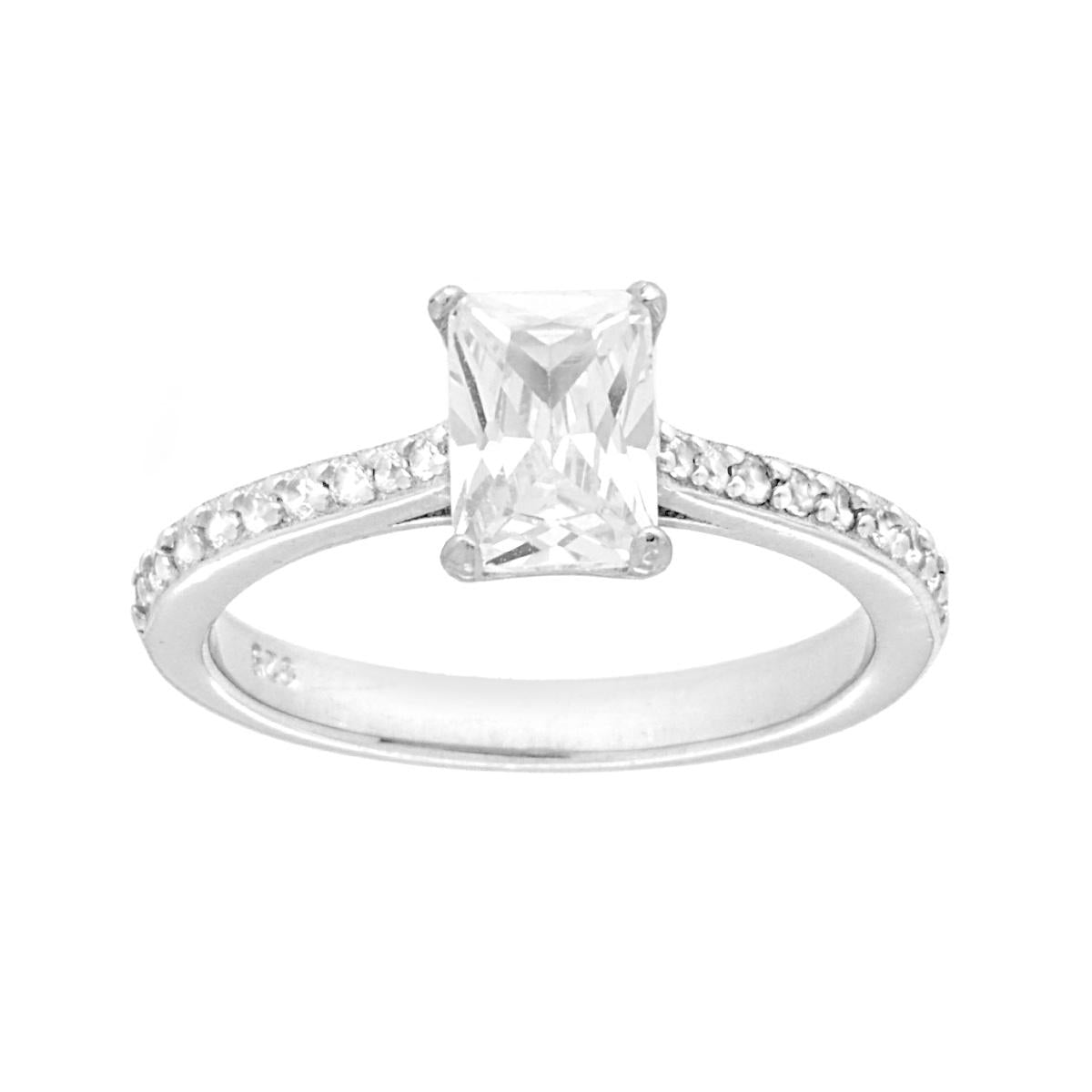 Anello Solitario con Cubic Zirconia Bianco Rettangolare in ARGENTO 925 Galvanica Rodio