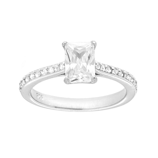 Anello Solitario con Cubic Zirconia Bianco Rettangolare in ARGENTO 925 Galvanica Rodio