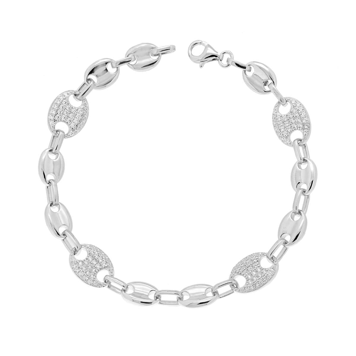 Bracciale Catena Marinara con Cubic Zirconia Bianchi in ARGENTO 925 Galvanica Rodio