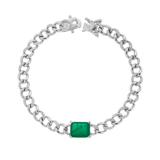 Bracciale Catena Grumetta con Cubic Zirconia Bianchi e Pietra Naturale Verde Smeraldo in ARGENTO 925 Galvanica Rodio