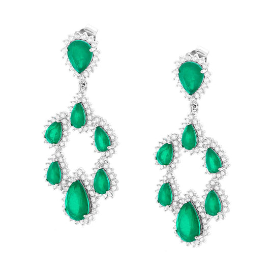 Orecchini Chandelier con Goccie pendenti con Pietre Naturali Verde Smeraldo contornate da Cubic Zirconia Bianchi in ARGENTO 925 Galvanica Rodio