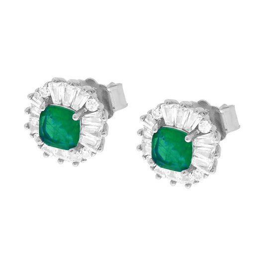 Orecchini Quadrato Cushion con Pietra Naturale Verde Smeraldo e Cubic Zirconia Bianchi Trapezio in ARGENTO 925 Galvanica Rodio