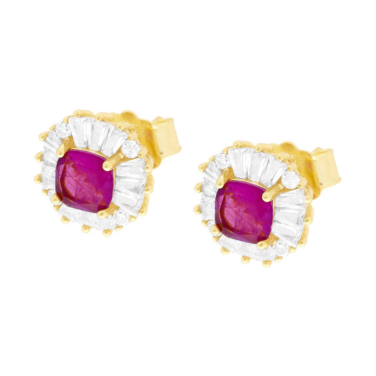 Orecchini Quadrato Cushion con Pietra Naturale Rosso Rubino e Cubic Zirconia Bianchi Trapezio in ARGENTO 925 Galvanica Oro