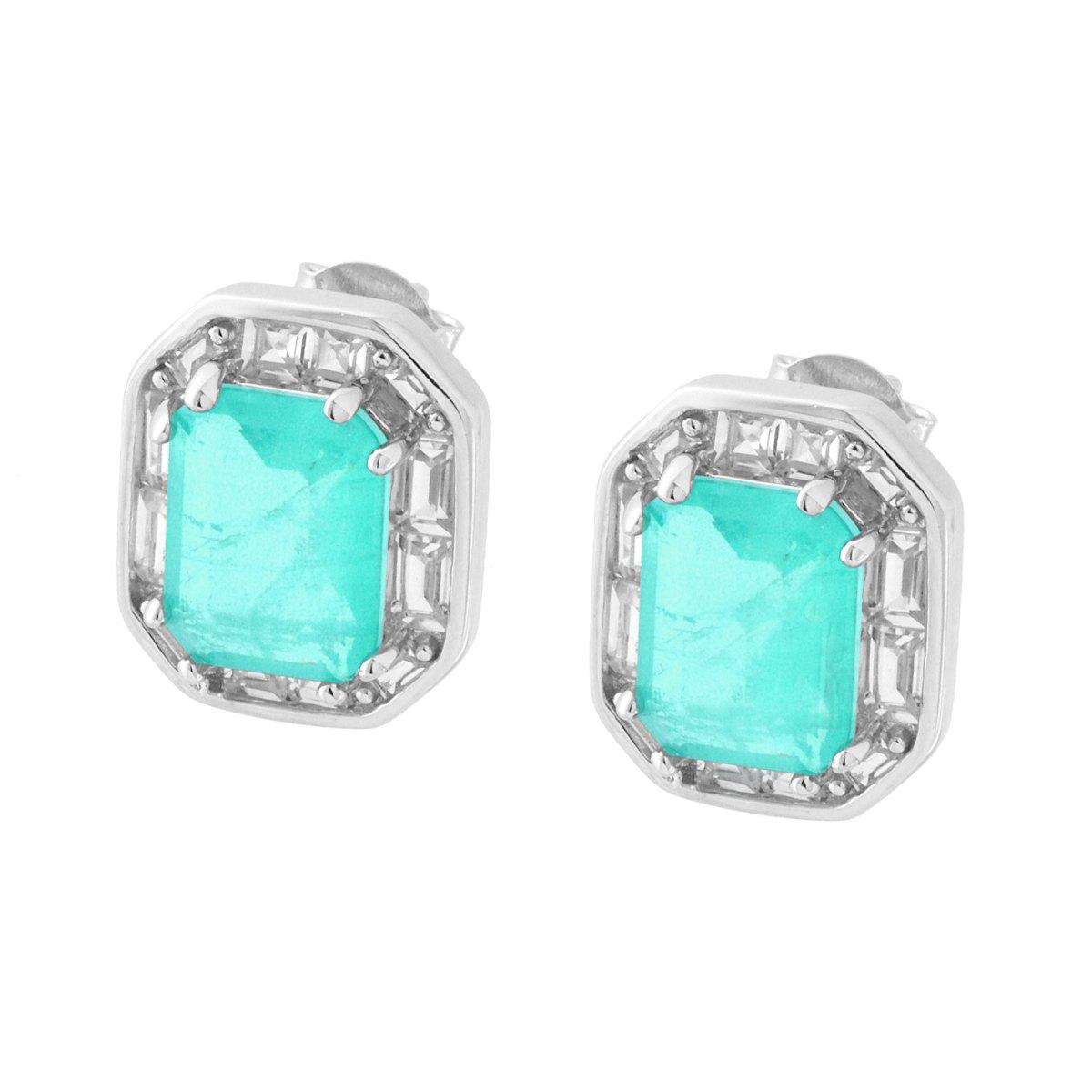 Orecchini Rettangolo con Cubic Zirconia Bianchi Baguette e Pietra Naturale Acquamarina in ARGENTO 925 Galvanica Rodio