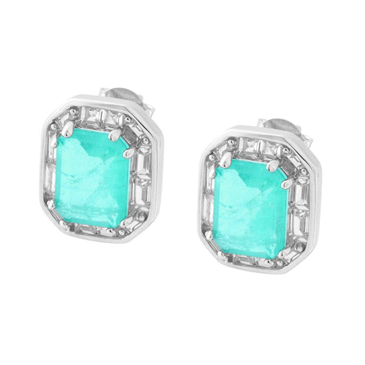 Orecchini Rettangolo con Cubic Zirconia Bianchi Baguette e Pietra Naturale Acquamarina in ARGENTO 925 Galvanica Rodio