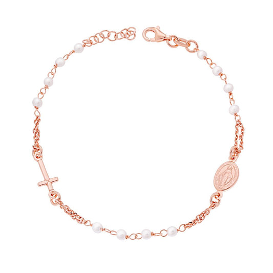 Bracciale Rosario cm 18 + 2 con Grani Perla mm 3 con Croce e Medaglia Madonna in ARGENTO 925 Galvanica Rosa