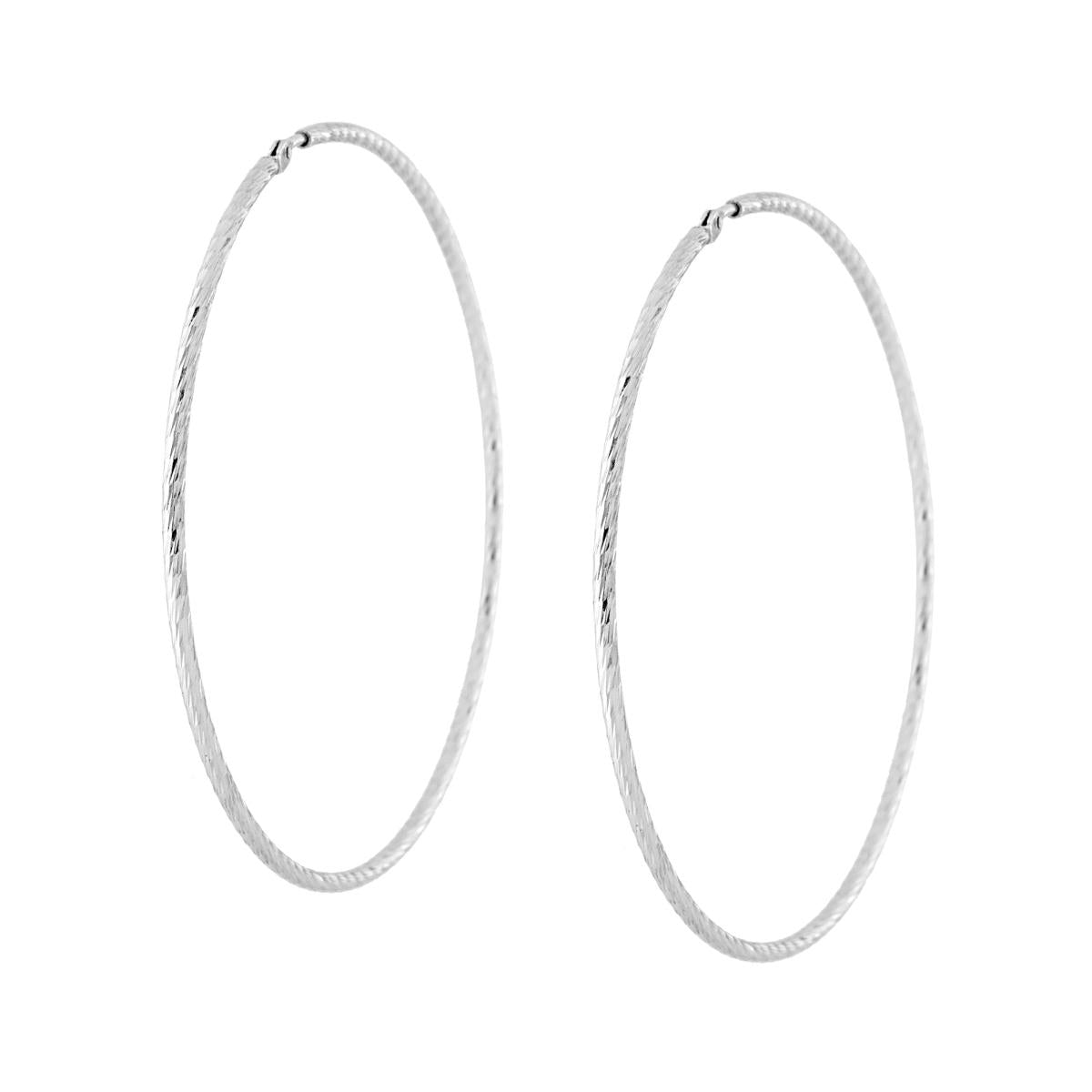 Orecchini a Cerchio mm 56 con canna Diamantata a Spirale mm 1,5 in ARGENTO 925 Galvanica Rodio
