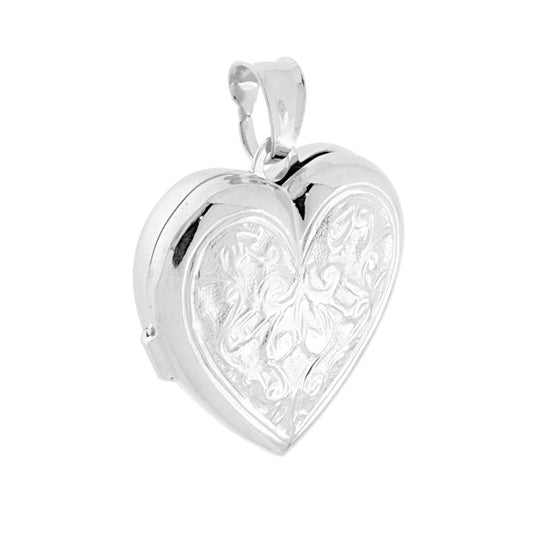 Ciondolo Portafoto o Porta Ricordi a forma di Cuore con Decoro Floreale mm 25 in ARGENTO 925 Galvanica Rodio