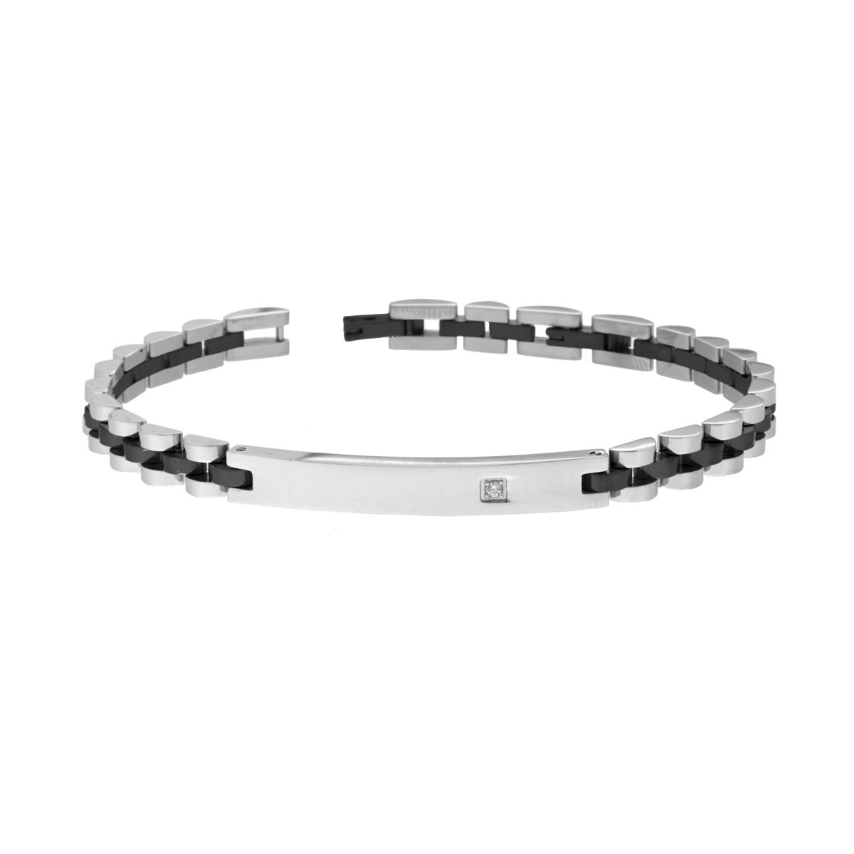 Bracciale Uomo con Catena Imperniata colore Nero con Targa e Crystal Bianco in ACCIAIO
