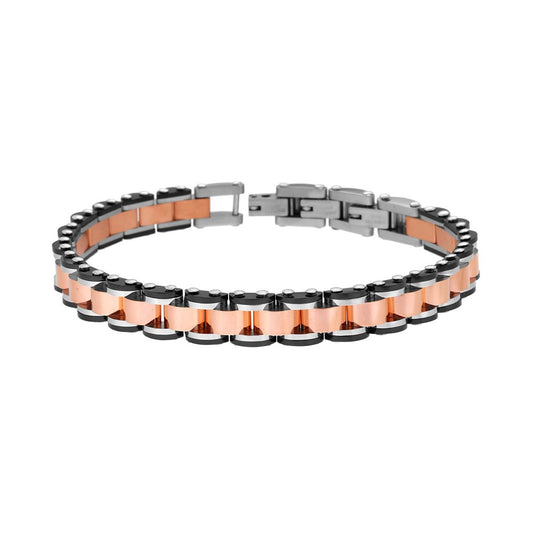 Bracciale Uomo Maglia Imperniata dettagli colore Rosa e Nero in ACCIAIO