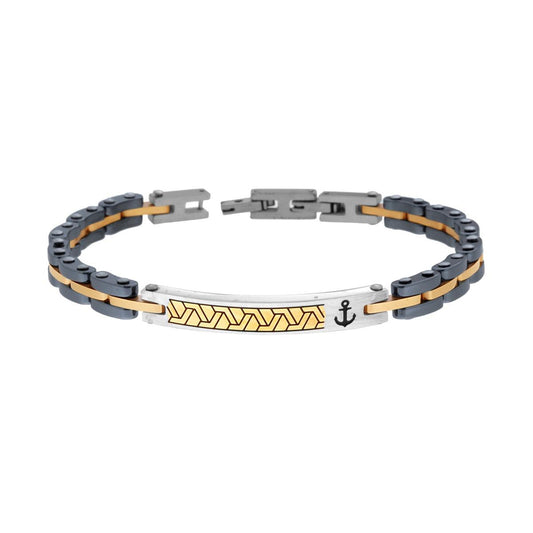 Bracciale Uomo Catena Imperniata in Ceramica Antracite con Targa colore Oro e Ancora in ACCIAIO