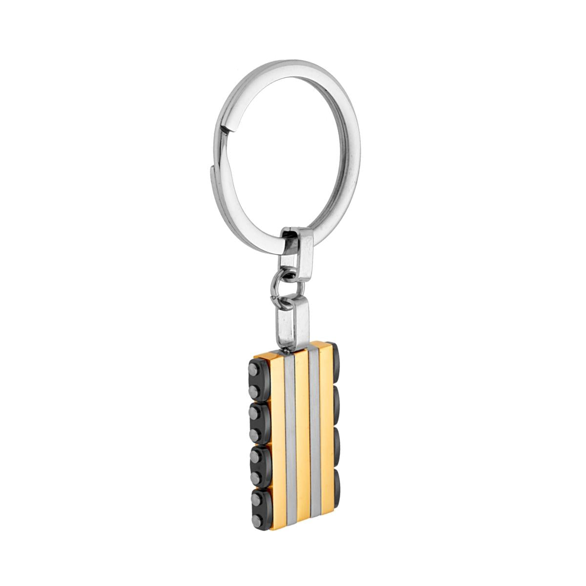Portachiavi Uomo ad Anello con Piastra Rettangolare color Oro con Ceramica Nera in ACCIAIO