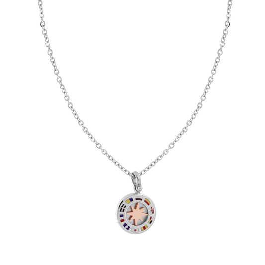 Collana Catena Forzatina Diamantata con Tondo Smalto Multicolor e Rosa dei Venti colore Rosa in ACCIAIO