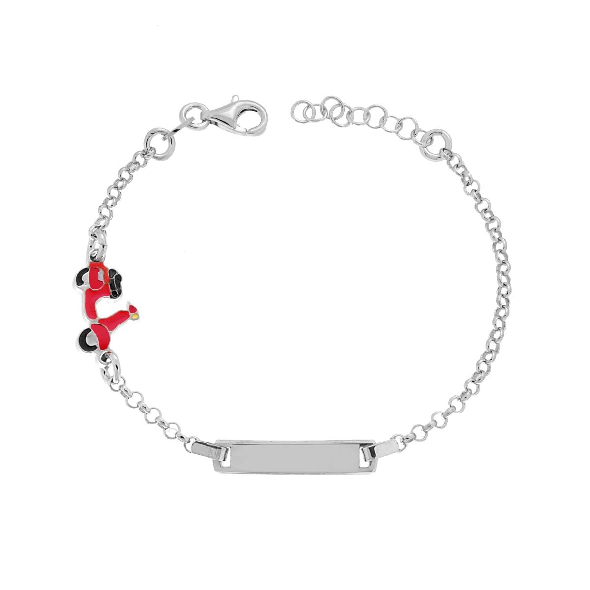 Bracciale Bimbo Bimba Catena Rolo Diamantata con Targa Rettangolare e Scooter Vespa smalto Rosso in ARGENTO 925 Galvanica Rodio