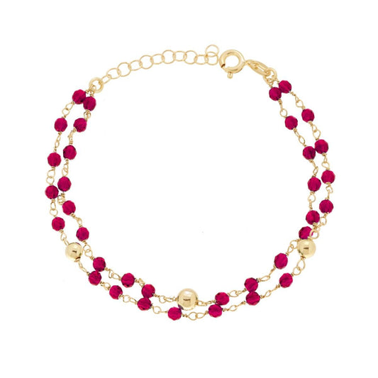 Bracciale due fili Catena con Crystal Rosso e Palline in ARGENTO 925 Galvanica Oro