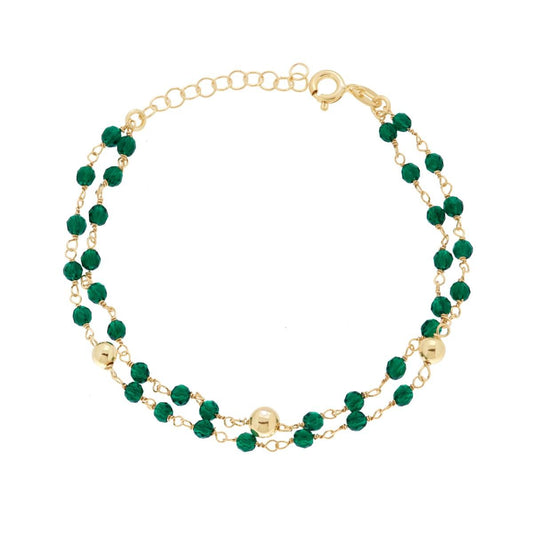 Bracciale due fili Catena con Crystal Verde e Palline in ARGENTO 925 Galvanica Oro