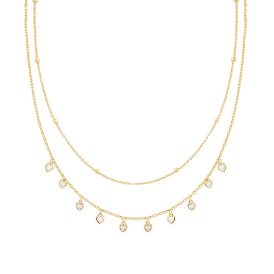 Collana due fili Catena Forzatina Diamantata con Cuori Cubic Zirconia Bianchi pendenti in ARGENTO 925 Galvanica Oro