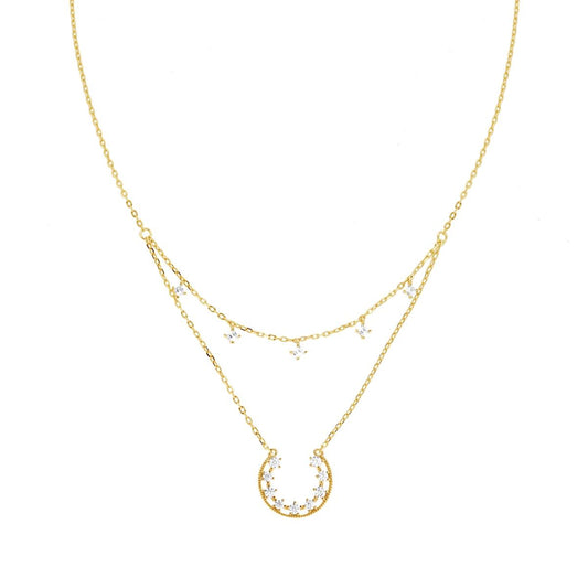 Collana Doppia Catena Forzatina Diamantata con Cubic Zirconia Bianchi pendenti in ARGENTO 925 Galvanica Oro