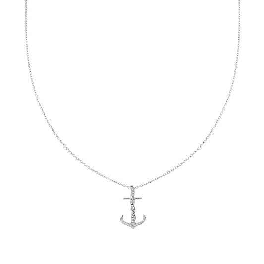 Collana Catena Forzatina Diamantata con Ancora e Cubic Zirconia Bianchi in ARGENTO 925 Galvanica Rodio
