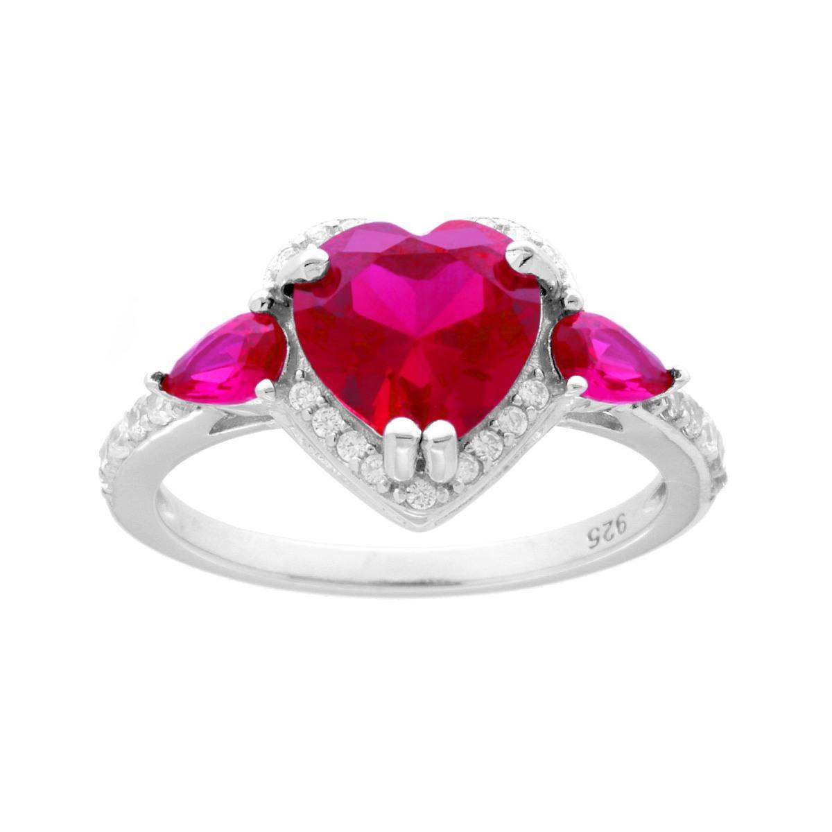 Anello Cuore Rosso Rubino contornato con Cubic Zirconia Bianchi in ARGENTO 925 Galvanica Rodio