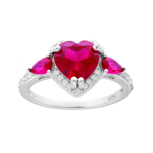 Anello Cuore Rosso Rubino contornato con Cubic Zirconia Bianchi in ARGENTO 925 Galvanica Rodio