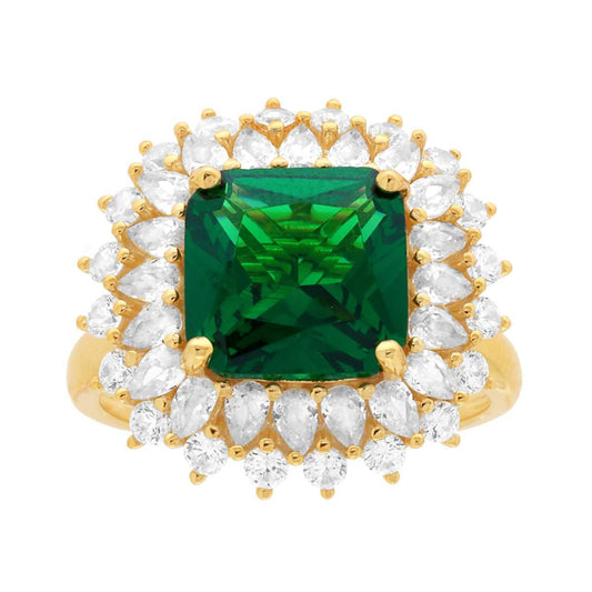 Anello Solitario Quadrato Verde Smeraldo contornato con Cubic Zirconia Bianchi in ARGENTO 925 Galvanica Oro