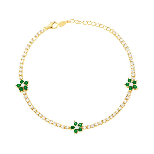 Bracciale Tennis Griffe cm 17+3 con Cubic Zirconia Bianchi e Fiori con Cubic Zirconia Verde Smeraldo in ARGENTO 925 Galvanica Oro