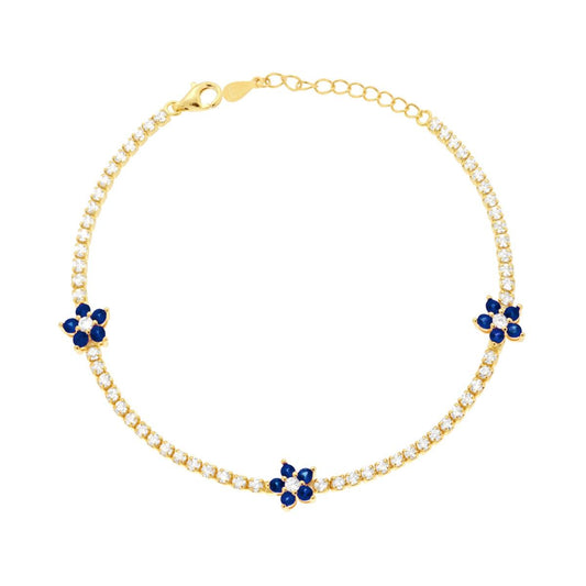 Bracciale Tennis Griffe cm 17+3 con Cubic Zirconia Bianchi e Fiori con Cubic Zirconia Blu Zaffiro in ARGENTO 925 Galvanica Oro