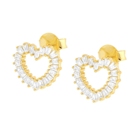Orecchini Cuore con Baguette Cubic Zirconia Bianchi in ARGENTO 925 Galvanica Oro