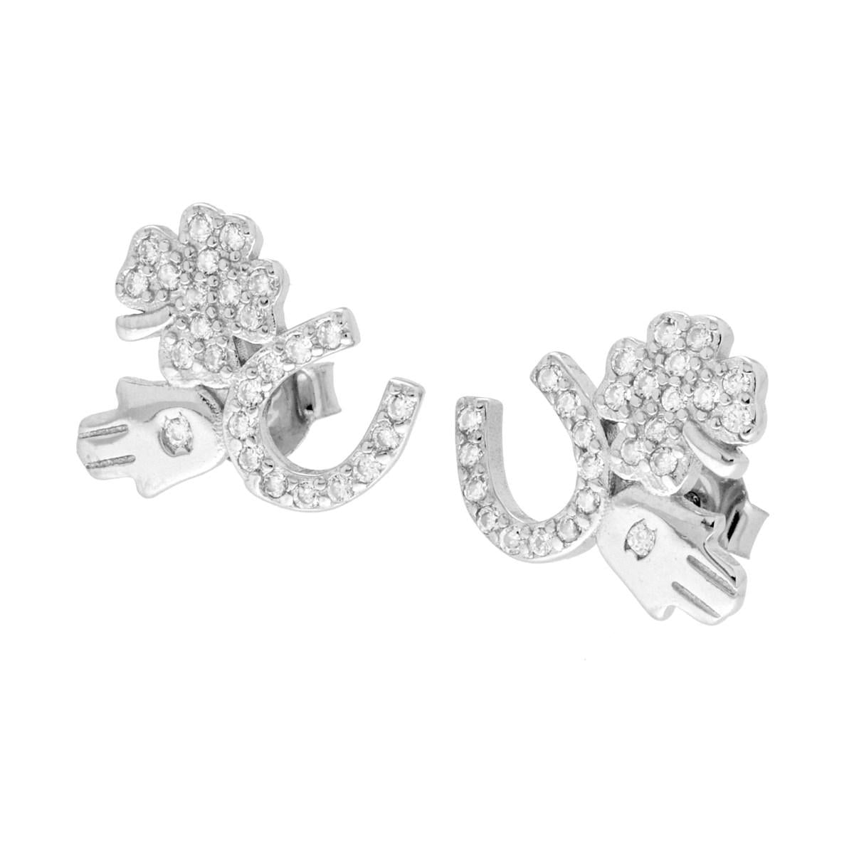 Orecchini Portafortuna Ferro di Cavallo Mano Fatima e Quadrifoglio con Cubic Zirconia Bianchi in ARGENTO 925 Galvanica Rodio