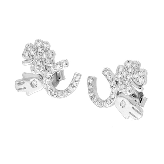 Orecchini Portafortuna Ferro di Cavallo Mano Fatima e Quadrifoglio con Cubic Zirconia Bianchi in ARGENTO 925 Galvanica Rodio